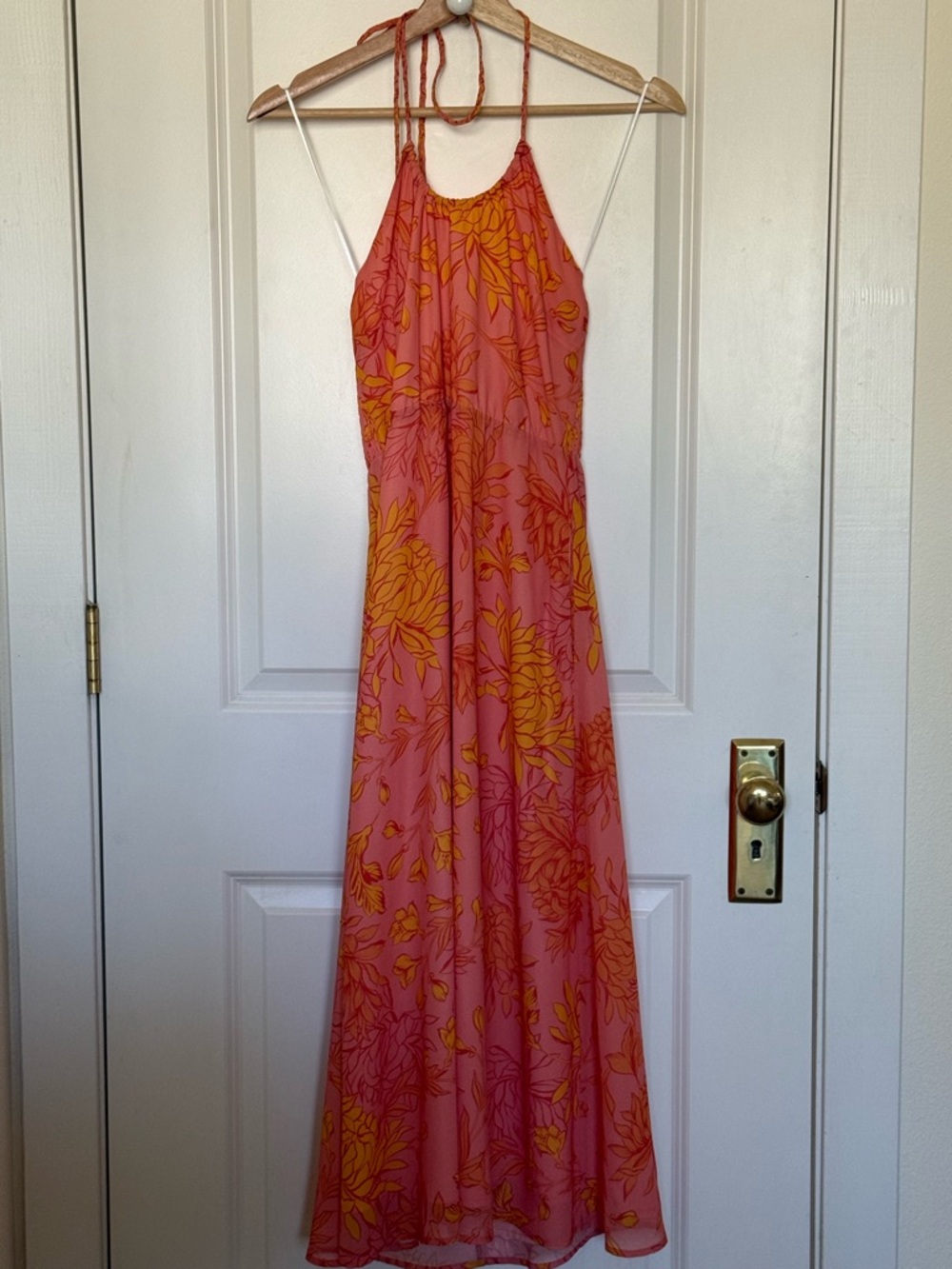 Lost + Wander Coral Halter Dress with Yellow Accent